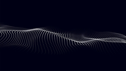 Poster - wave of moving dots on an abstract dark background. 3d vector illustration.