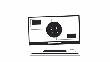Fototapete - Computer problem bw animation. Animated sad emoji on cracked display 2D cartoon flat monochrome line object. Equipment 4K video concept footage on white with alpha channel transparency for web design