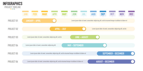 gantt chart timeline 12 months infographic template or element with 6 project, process, step, option