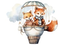 Cute Mom And Baby Fox In Hot Air Balloon Painted In Watercolor On A White Isolated Background. Generative AI