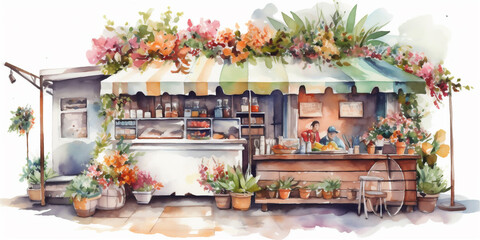 Wall Mural - Beautiful and lovely street grocery store, watercolor effect