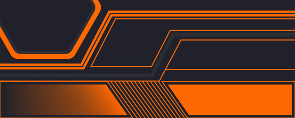 Black abstract wide horizontal banner with orange and gray lines, arrows and angles. Dark modern sporty bright futuristic abstract background. Wide vector illustration