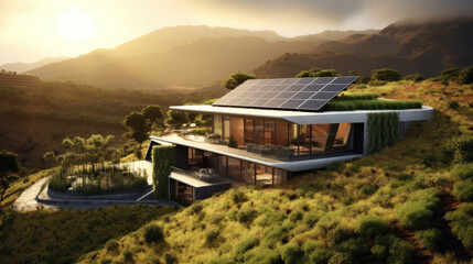 Wall Mural - solar rooftop modern house amidst the valley