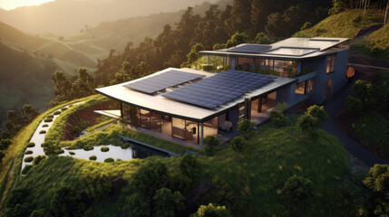 Wall Mural - solar rooftop modern house amidst the valley
