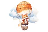 Fototapeta Dziecięca - Cute mom and baby fox in hot air balloon painted in watercolor on a white isolated background. Generative AI