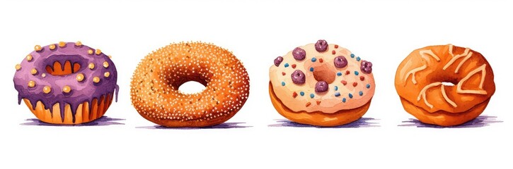 Aufkleber - Different yummy pastry desserts set. Donuts set with colorful sprinkles isolated on white background. Generative AI