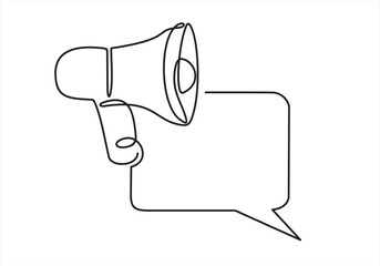 Continuous line one drawing of Speech bubble with megaphone. Vector illustration on white isolated background. Bullhorn speaker business concept.