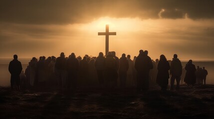 multitude of people  looking towards a cross on the horizon