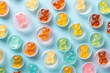 Top view of colorful gummy bears on a flat blue background. Creative wallpaper for a candy store with marmalade gummy bears candy. Generative AI professional photo imitation.