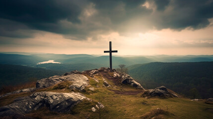 Wall Mural - christian catholic cross on the hills. Generative AI