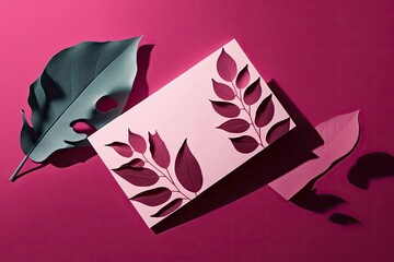 Wall Mural - Business card with floral design and leaves on pink background