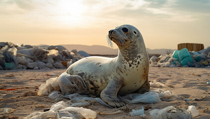 A Grey Seal stranded at a Beach, tragically caught in a section of fishing net surrounded with plastic pollution, an upsetting sad nature wildlife wordwide problem