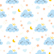 Seamless Vector Pattern With Cute Hand Drawn Clouds Smiling Faces. Fun Background For Kids Room Decor, Nursery Art, Print, Fabric, Wallpaper, Wrapping Paper, Textile, Apparel, Gift, Packaging.