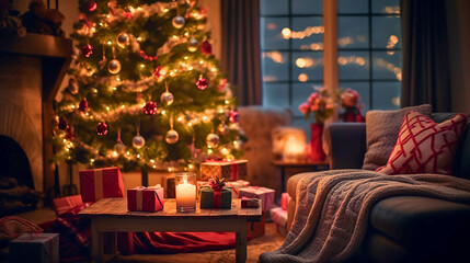 A candid shot of a traditional Christmas tree with a cozy knitted blanket and ornaments, illuminated by warm candlelight in the evening, featuring a Holly wreath and wrapped presents.