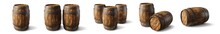 Series Of Wooden Barrels Isolated On Empty Background. 3D Rendering
