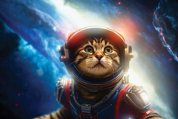  Cute space cat dressed in astronaut suit. Created with Generative AI technology.
