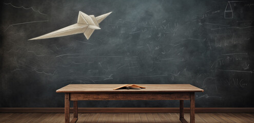 Wall Mural - a wooden table with chalkboard background. copy space. back to school. generative ai.