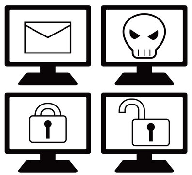 モノクロのパソコン画面にメールやドクロマークのハッキングイメージなどのイラスト素材セット