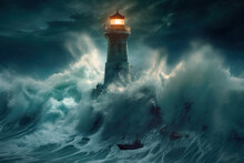 Lighthouse Is In Front Of A Large Wave