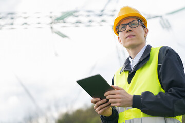 Poster - Engineer with digital tablet on a background of power line tower