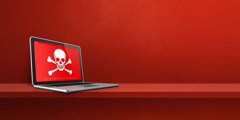 Laptop on a shelf with a pirate symbol on screen. Hacking concept