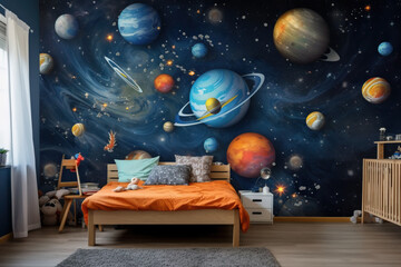 Wall Mural - space theme. creative and bright eco design of a children's room. bright fantasy wallpaper on the wa