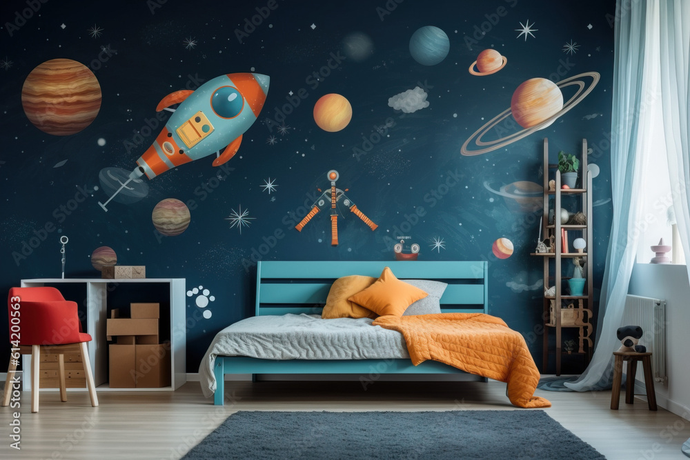 Space theme. Creative and bright eco design of a children's room ...