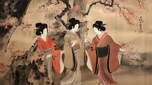 Ukiyo-e Style Print Of Three Japanese Woman, Traditionally Dressed In Kimonos, Conversing Beneath A Tree.