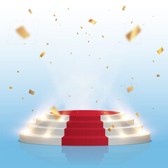 Aufkleber - Empty white stage with red carpet and with gold confetti. Winner vector background
