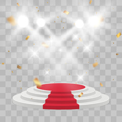 Aufkleber - Empty white stage with red carpet and with gold confetti. Winner vector background
