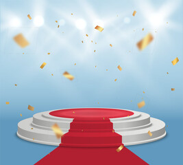 Aufkleber - Empty white stage with red carpet and with gold confetti. Winner vector background