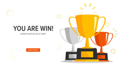 winner banner. podium with trophy cups. vector award nomination background.