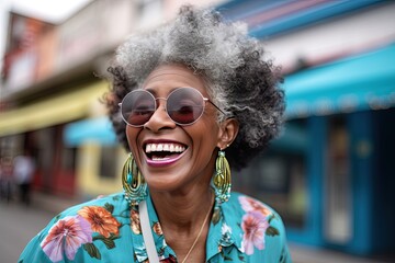 A cheerful lady old black woman wearing sunglasses on street. Generative ai