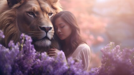 Beautiful Asian woman hugging, caring a lion, sunset mountain landscape, freedom. exotic, surreal, wild, cold, ethnic., flowers, mystic, copy space, AI Generated.