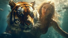 Woman Swimming With Tiger In A Tropical River, Freedom, Wild Lifestyle, Exotic, Sunlight, Dangerous, AI Generated