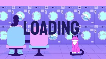 Fototapete - Waiting laundry loader animation. Housework laundromat. Woman in launderette with cat. Flash message 4K video. Chill lofi colour loading animation with alpha channel transparency for UI, UX web design