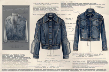 Wall Mural - Generative AI illustration of technical data sheet for denim pants and jackets