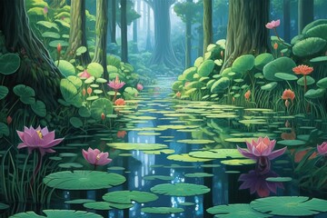 Wall Mural - Lotus, lily pond with reflection in pond (Ai generated)