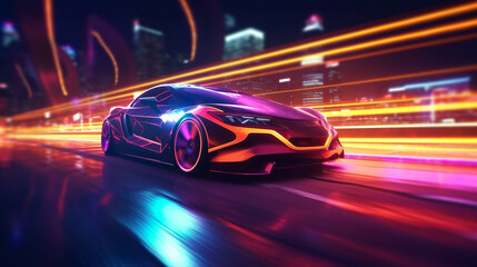 Canvas Print - Futuristic Sports Car On Neon Highway. Powerful acceleration of a supercar with colorful lights trails. ai generative