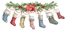 Watercolor Hand-drawn Christmas Stocking Postcard. Xmas Socks Family Print. Traditional Xmas Vintage Style Christmas Socks Fireplace Stocking Banner