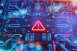 canvas print picture - Warning icon on a digital LCD display with reflection. Concept of cyber attack, malware, ransomware, data breach, system hacking, virus, spyware, compromised information and urgent attention.