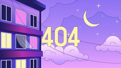Poster - Apartment night 404 error animation. Blinking light in windows building. Empty state 4K video concept, alpha channel transparency. Animated lofi background. Colour page not found for UI, UX web design