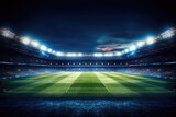 Fototapeta Sport - Panoramic view of a large green soccer stadium with fan stands illuminated by floodlights and spotlights. Empty night Football arena, nobody, banner template, text space. Generative AI photo 