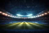 Fototapeta Sport - Panoramic view of a large soccer stadium with fan stands illuminated by floodlights and spotlights. Empty night Football arena, nobody, banner template, copy space for text. Generative AI photo 