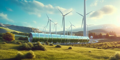 Green hydrogen pipeline wind turbines in modern style. Modern for concept design. Green energy production. Electricity equipment. Generative Ai
