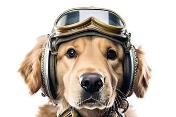 Cute dog Golden retriever with captain pilot costume for flying with airplane isolated on clear png background, funny moment, pet concept, with Generative Ai.