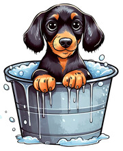 Dachshund Dog Taking Bath On A Metallic Bucket Isolated. Cartoon Vector Illustration Style. AI Generative