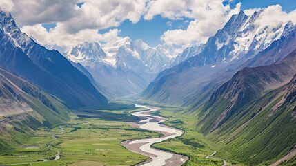 A stunning view of the valley with a calm river flowing through the valley between two mountains. Generative ai.