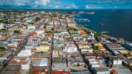 Sticker - Aerial Drone Fly Above Santarém City Brazil, Tapajós and Amazon River Waterfront, Cityscape in Pará State