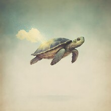 Vintage Watercolor Illustration Of A Sea Turtle Flying In The Sky In An Absurd And Surrealistic Dream World